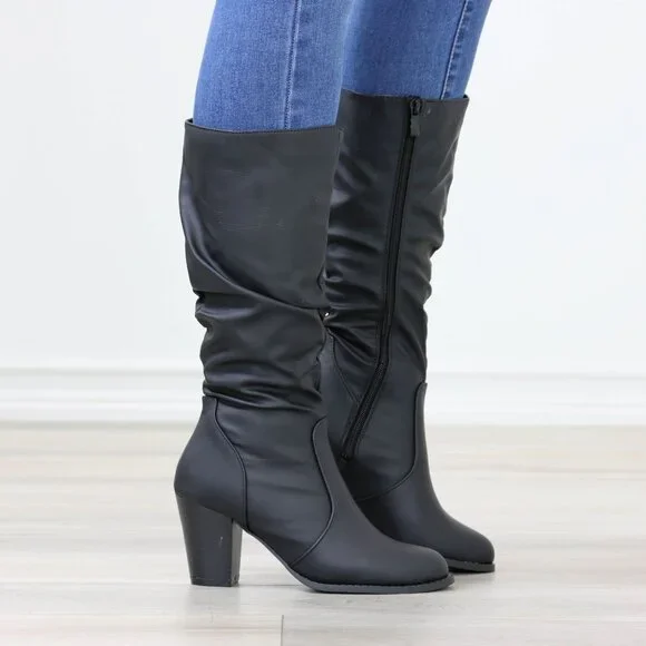 Black Mid-Calf Boots Faux leather Side Zip Block Heel Slouched Shaft - Picture 3 of 15